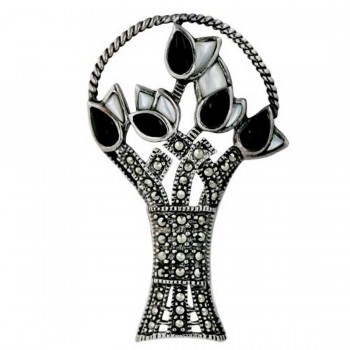 Marcasite Pin Basket of Onyx + Mother of Pearl Flowers