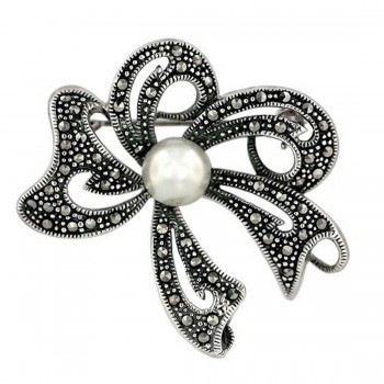 Marcasite Pin White Faux Pearl Bow