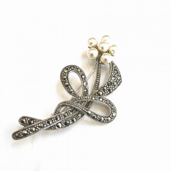 MS PIN FLOWER WITH FAUX PEARLS AND MARCASITE