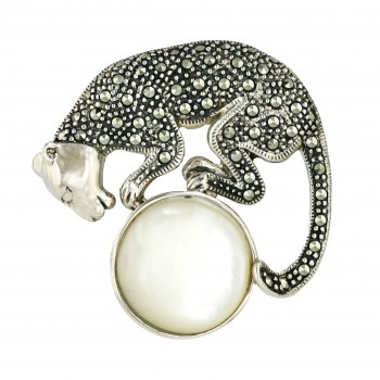 Marcasite Pin Pave Marcasite Cougar (Plain Head) with 20mm Round Wh