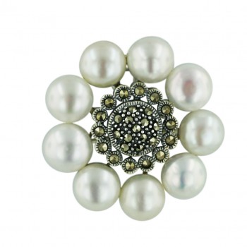 Marcasite Pendant/Pin 9Pcs (8.5mm) White Fresh Water Pearl Flower