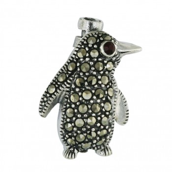 Marcasite Pin Penguin with Garnet Cubic Zirconia Eye