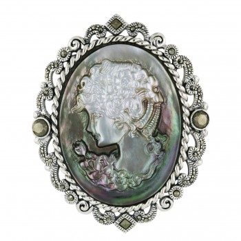 Marcasite Pin 49X42mm Oval Black Mother of Pearl Lady Cameo with Plain Twis