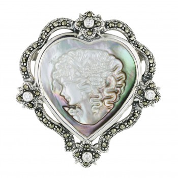 Marcasite Pin 47X43mm Black Mother of Pearl Heart Lady Cameo with 4 Clear Cubic Zirconia R