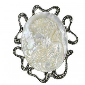 Marcasite Pin 28-38mm Oval Mother of Pearl Lady Cameo with Marcasite Rib