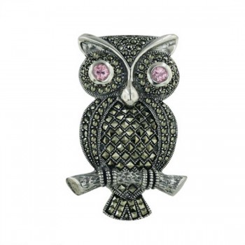 Marcasite Pin Owl with Pink Cubic Zirconia For Eyes and Square Cut Marcasite at