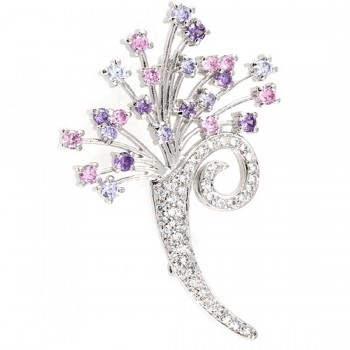 Sterling Silver Pin Ame+Lv+Pink Cubic Zirconia+Clear Cubic Zirconia Flower Bouquet