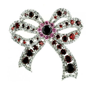 Sterling Silver Pin Garnet +Pink Cubic Zirconia+Clear Cubic Zirconia Bow
