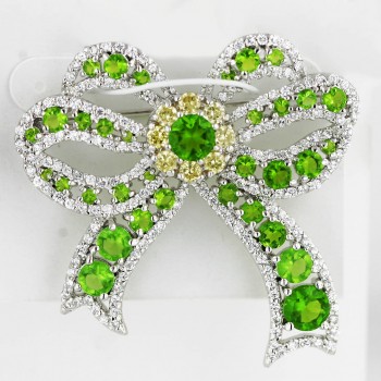 Sterling Silver Pin Peridot Glass+Yellow Cubic Zirconia+Clear Cubic Zirconia Bow