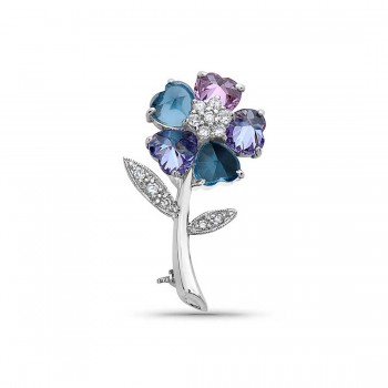 Sterling Silver Pin Lv+Pink Cubic Zirconia+Aqua Marine Glass Heart Petals Flower with Clear