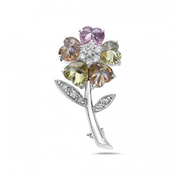 Sterling Silver Pin Light Per.+Champagne+Pink Cubic Zirconia Heart Petals Flower with Clear C