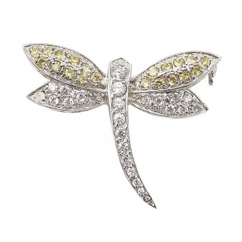 Sterling Silver Pin Yellow+Clear Cubic Zirconia Dragonfly