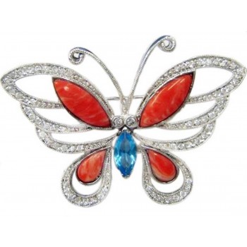 Sterling Silver Pin Aqua Marine Glass Ctr with Pink Color Coral Butterfly