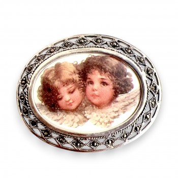 Marcasite Pin+Pendant Oval 30X40 Porcelain Sisters Sidewa