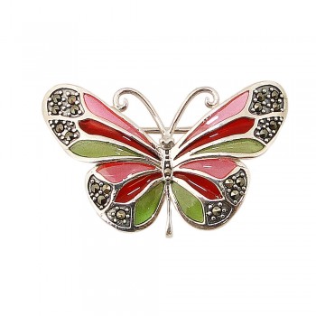 Marcasite Pin 38X24mm Pink+Rd+Green Enamel Butterfly