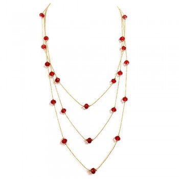 Brass Necklace 3 Bead Chain with Red Cy