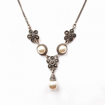 Marcasite Necklace 16 In. 3 7mm White Faux Pearl Dangling Flo