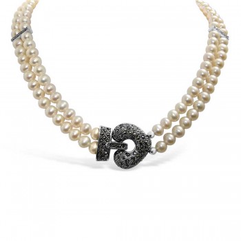 MARCASITE NECKLACE WHITE FRESH WATER PEARL 7.5 MM + 2 MS BAR + ARROW