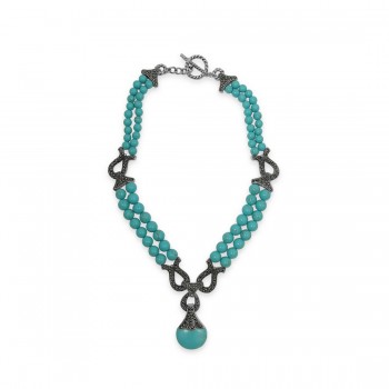 Marcasite Necklace Reconstruct 2 Strand Faux Turquoise (Gold Vein