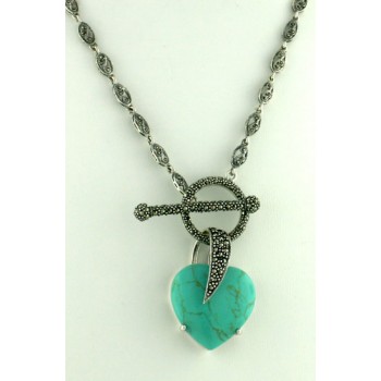 Marcasite Necklace Cabochon Faux Turquoise Heart with Marcasite Toggle To