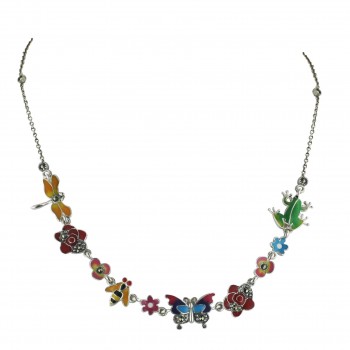 Marcasite Necklace 16 in Hot+Light Pink+Black+Rd Flower+Light Gr Frog+Black+