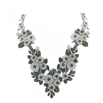 Marcasite Necklace White Mother of Pearl Flower+White Fresh Water Pearl+Marcasite Leaf Links