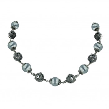 Marcasite Necklace 16.5'' Quadruple 13mm Gray Faux Pearl+