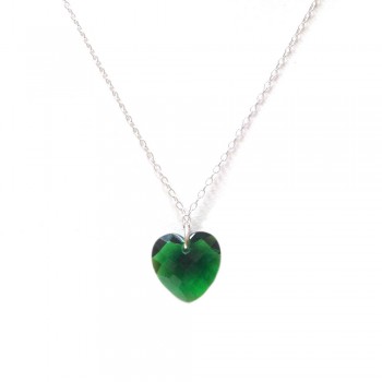 Sterling Silver Necklace Emerald Glass Heart Drop Chess Cut