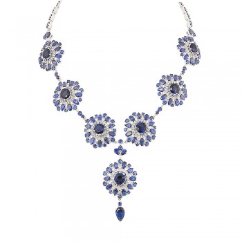 SS Necklace Sapphire Glass Flower Y Shaped Dangle, Silver