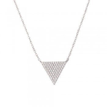 STERLING SILVER NECKLACE CLEAR CUBIC ZIRCONIA PAVE TRIANGLE 16+2"