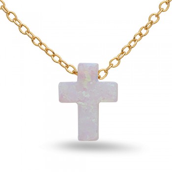 STERLING SILVER NECKLACE SYNTHETIC WHITE OPAL CROSS **GOLD