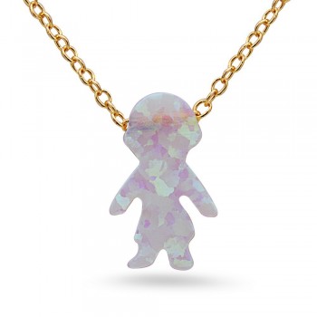 STERLING SILVER NECKLACE SYNTHETIC WHITE OPAL BOY **GOLD