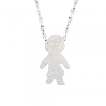 STERLING SILVER NECKLACE RECONSTITUTE WHITE OPAL BOY SLIDER