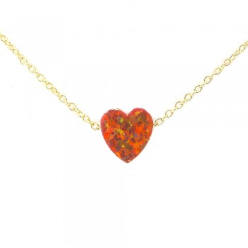 STERLING SILVER NECKLACE SYNTHETIC RED OPAL HEART SLIDER *GD