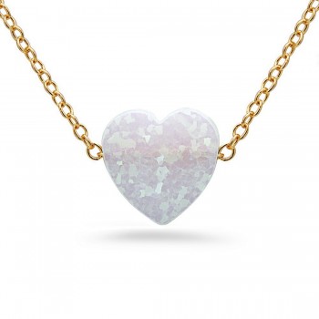STERLING SILVER NECKLACE SYNTHETIC WHITE OPAL HEART SLIDER
