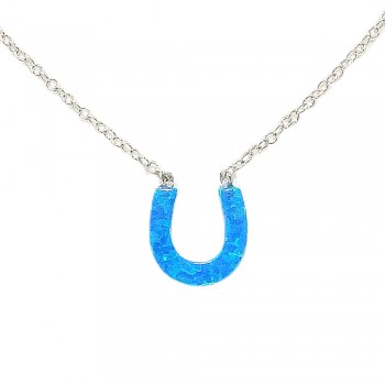 STERLING SILVER NECKLACE RECONSTITUTE BLUE OPAL HORSESHOE **RH