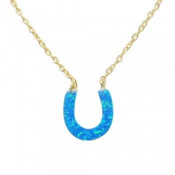 STERLING SILVER NECKLACE RECONSTITUTE BLUE OPAL HORSESHOE **GD