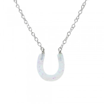 STERLING SILVER NECKLACE RECONSTITUTE WHITE OPAL HORSESHOE **RH