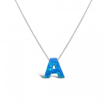 STERLING SILVER NECKLACE LAB CREATED BLUE OPAL INITIAL A