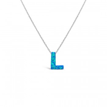 STERLING SILVER NECKLACE LAB CREATED BLUE OPAL INITIAL L