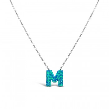 STERLING SILVER NECKLACE LAB CREATED BLUE OPAL INITIAL M