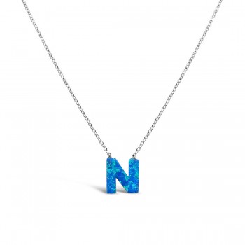 STERLING SILVER NECKLACE LAB CREATED BLUE OPAL INITIAL N