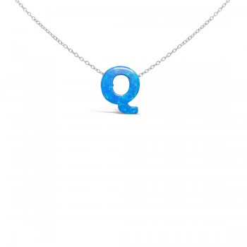 STERLING SILVER NECKLACE LAB CREATED BLUE OPAL INITIAL Q