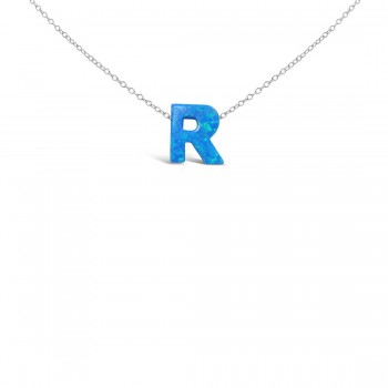 STERLING SILVER NECKLACE LAB CREATED BLUE OPAL INITIAL R