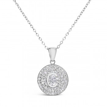 Sterling Silver Necklace Inital C Clear Cubic Zirconia Pave Base Round