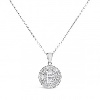 Sterling Silver Necklace Inital E Clear Cubic Zirconia Pave Base Round