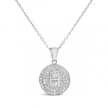Sterling Silver Necklace Inital H Clear Cubic Zirconia Pave Base Round