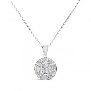 Sterling Silver Necklace Inital U Clear Cubic Zirconia Pave Base Round