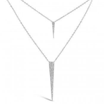 Sterling Silver Necklace Double Strands Pointy Triangle Pave Cubic Zirconia