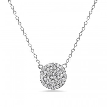 Sterling Silver Necklace Small Round Drop Pave *Rhodium Plate